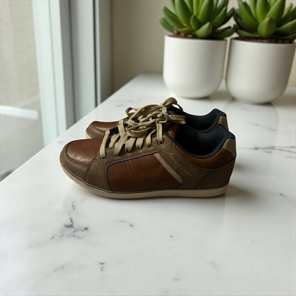 American Eagle AE Men's Faux‎ Leather Sneakers Memory Foam Brown Size 10